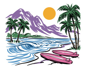 Beach with mountain artwork. Surfing club artwork. Coastal vibes design. Ocean wave artwork. Tropical surf design. © panji