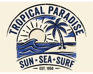 Tropical paradise design. Summer good vibes vector graphic. Ocean wave artwork. Beach vibes for t shirt print. Vintage surf club logo. © panji