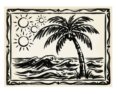 Beach with palm tree artwork. Summer good vibes design. Ocean wave sketch. Tropical abstract art design. Paradise t shirt graphics.