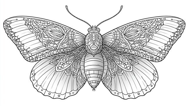 Intricate Ornate Butterfly Line Art, Detailed black and white line drawing of a butterfly with intricate and ornate patterns on its wings. Perfect for coloring books, anti-stress therapy, decorative