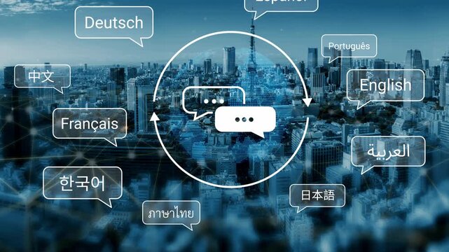 Communication Across Cultures: Multilingual Language Bubbles With Iconic City Capital Skyline Background for Global Connectivity Themes Gluon.