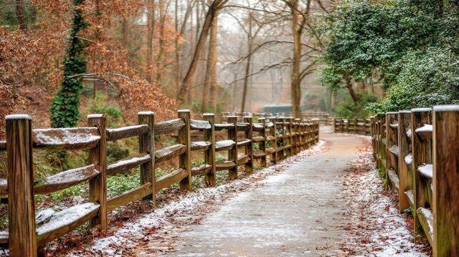 Wooden split rail fence lines a winding pathway covered lightly with fresh snow and fallen leaves