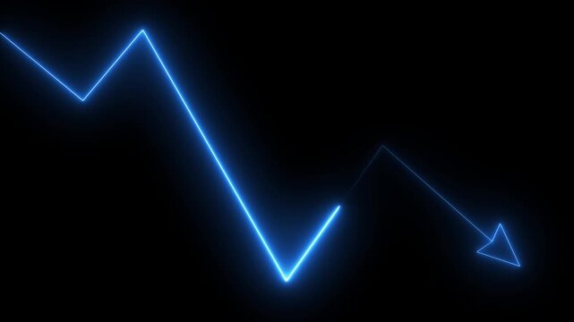 Global business fall graph  animation. Abstract glowing neon line business graph growth arrow to down arrow. 4k stock video.
