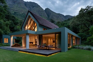 Fototapeta premium Modern villa glowing at dusk on landscaped mountain lot