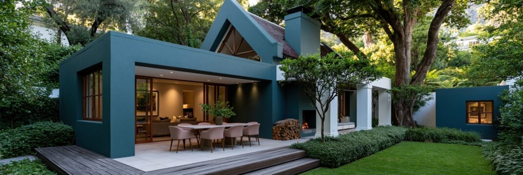 Modern thatched house with covered outdoor dining on deck