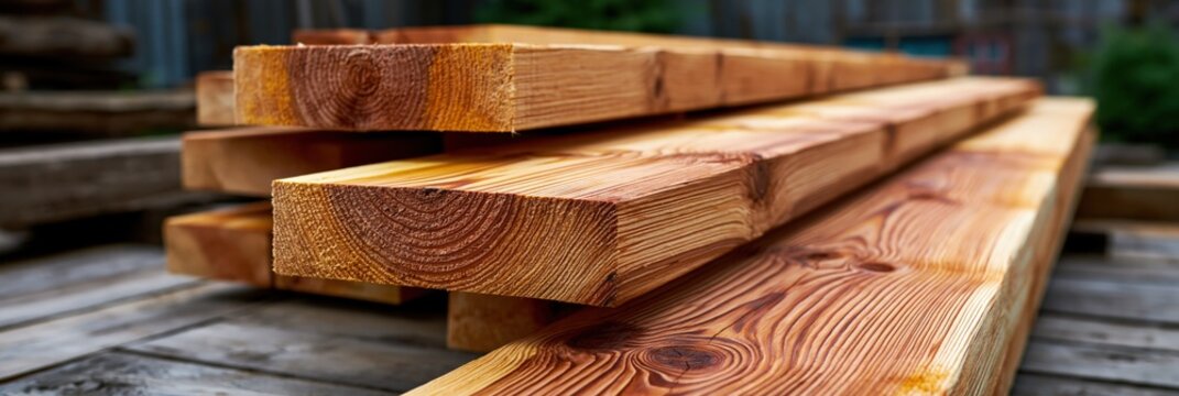 Stacked wooden boards resting on outdoor workshop surface