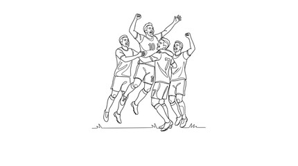Obraz premium A continuous line drawing of a group of soccer players celebrating a goal.