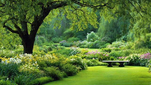 Lush garden setting features manicured lawn shaded by a large, spreading tree beside a stone bench.