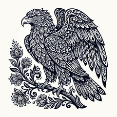 Fototapeta premium An ornamental illustration of a eagle standing on a branch with flowers and leaves drawn in a decorative style.