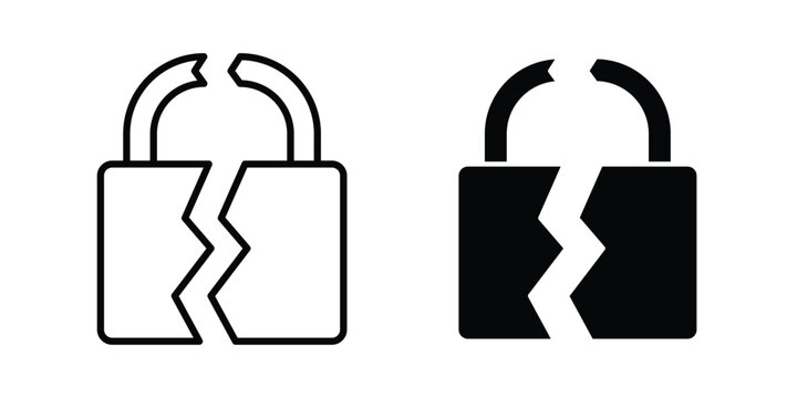 Broken lock icon symbol set in black and white. EPS10