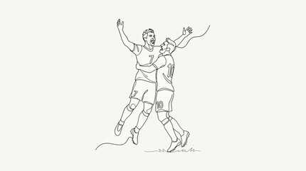 Obraz premium Continuous line drawing of two soccer players celebrating a goal together.