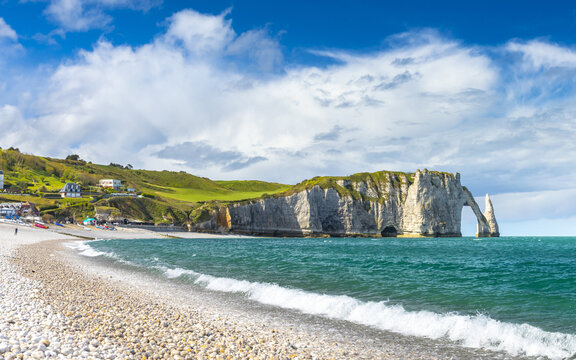Picturesque panoramic landscape on the cliffs of Etretat. Etretat, Normandy, France