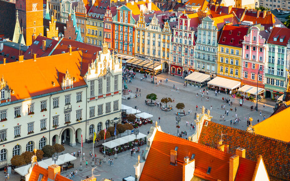 Aerial panoramic view of Wroclaw Market Square. Wroclaw, Poland, Europe