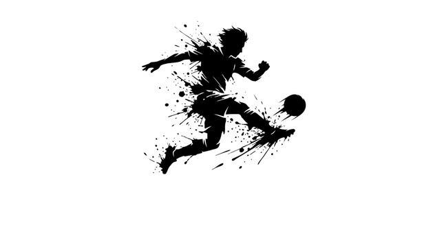 Dynamic silhouette of a soccer player kicking a ball with artistic ink splatter effect.