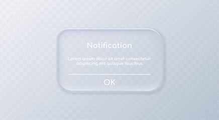 Naklejka na ściany i meble Realistic liquid glass reminder notification popup window. Modern UI interface element isolated on transparent background. Minimalist design with glowing effect. Vector illustration