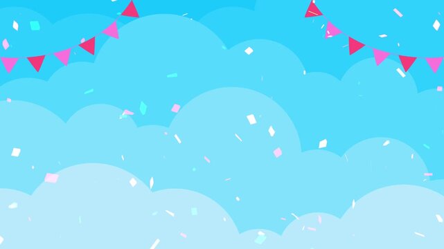 青空　紙吹雪　ループ動画　ガーランド　ポップ　おしゃれ　爽やか　かわいい　抽象的　イベント　セール　キャンペーン　運動会　Animation background of blue sky and confetti.Celebrations, events, parties, birthdays, festivals