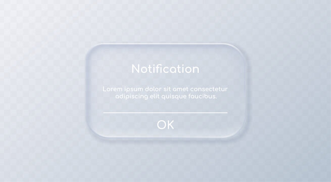 Realistic liquid glass reminder notification popup window. Modern UI interface element isolated on transparent background. Minimalist design with glowing effect. Vector illustration