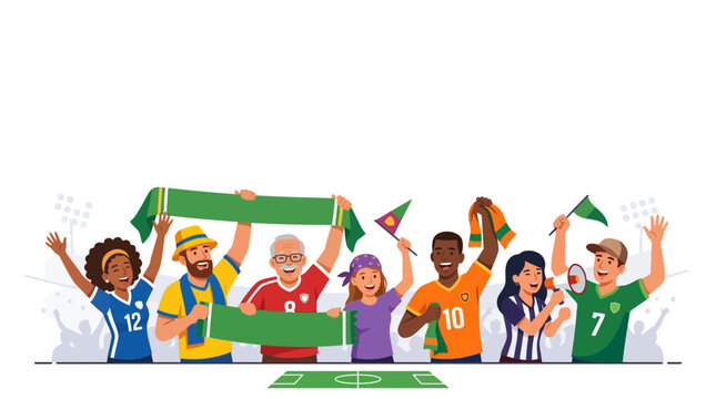Diverse group of enthusiastic soccer fans cheering and holding scarves at a stadium.