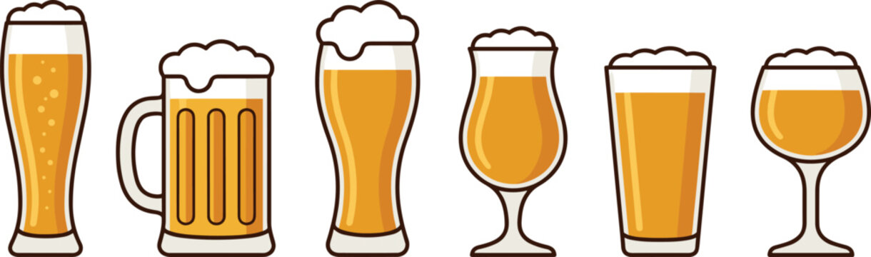 Craft Beer Glassware Icon Set with Mug, Pint, Tulip, Weizen, and Goblet Glasses for Bar and Pub Menus