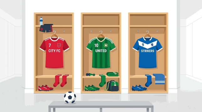 Three soccer team lockers with jerseys and sports equipment.