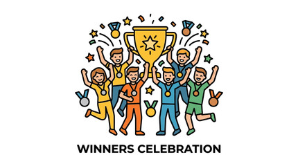 Obraz premium A group of diverse people celebrating their victory with a large golden trophy and medals.