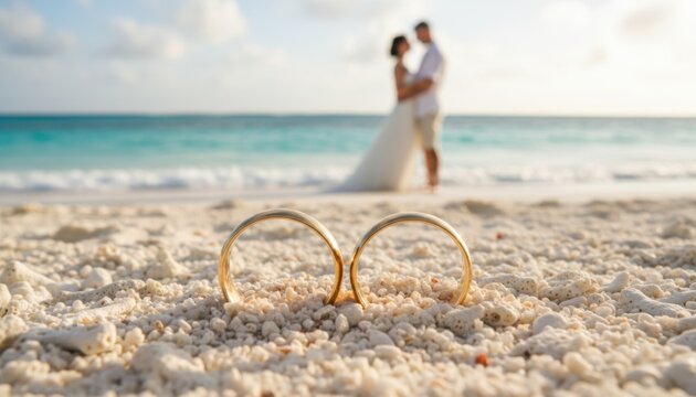 Two gold wedding bands resting on sandy beach with out of focus newlywed couple embracing during romantic tropical destination marriage ceremony