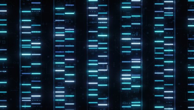 Abstract digital background displaying vertical rows of glowing blue and white data lines representing DNA sequencing and computer code analysis