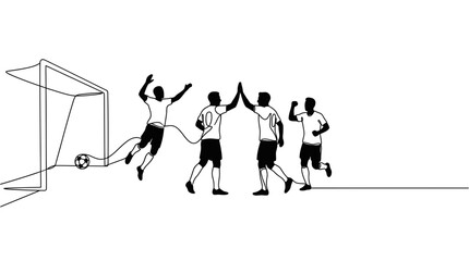 Continuous line drawing of soccer players celebrating a goal. © Nasoha_Alhabib