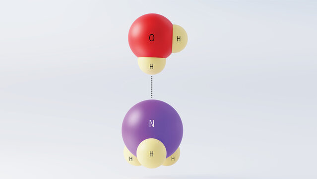 3d illustration of hydrogen bond between water molecule and ammonia nitrogen 