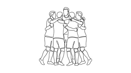 Obraz premium A continuous line drawing of a group of soccer players celebrating a goal together.