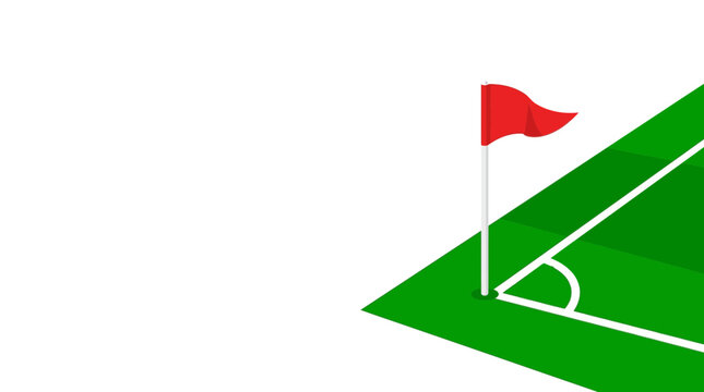 A vibrant green soccer corner flag standing on a white field boundary line.