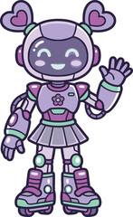 Obraz premium Cute cartoon female robot character with heart shaped pigtails waving hello and wearing roller skates isolated on white background vector illustration