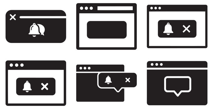 Notification popup window interface icons illustrating alert settings, message dismissal, and browser overlay dialogs in dark minimal flat design