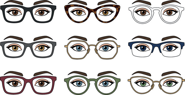 Collection of women eyes wearing various stylish eyeglasses frames including cat eye round square tortoiseshell and geometric spectacles shapes vector illustration