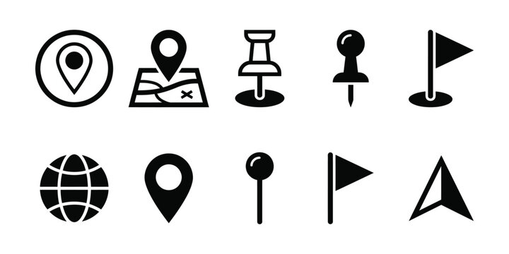 Location and navigation icon set representing maps, pins, and destinations in outline styles