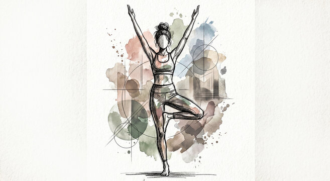 Minimalist artistic sketch of a faceless woman in tree pose with raised arms and geometric watercolor background