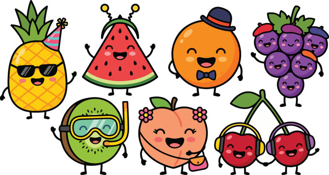 A collection of adorable kawaii food mascot characters, including a pineapple, watermelon, orange, grapes, kiwi, peach