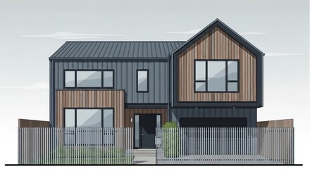 Fototapeta premium Modern Two Story Residential House Illustration with Timber and Metal Siding Facade Design