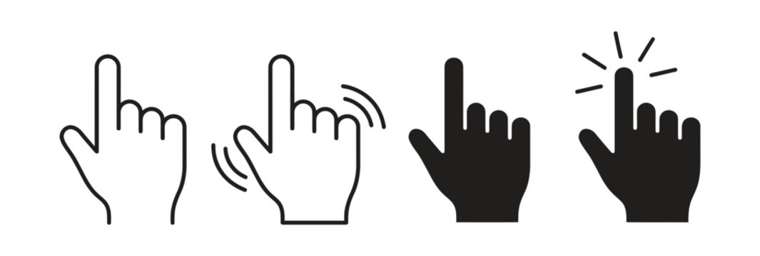 Hand icon set representing tap, click, and user interaction in outline and solid styles