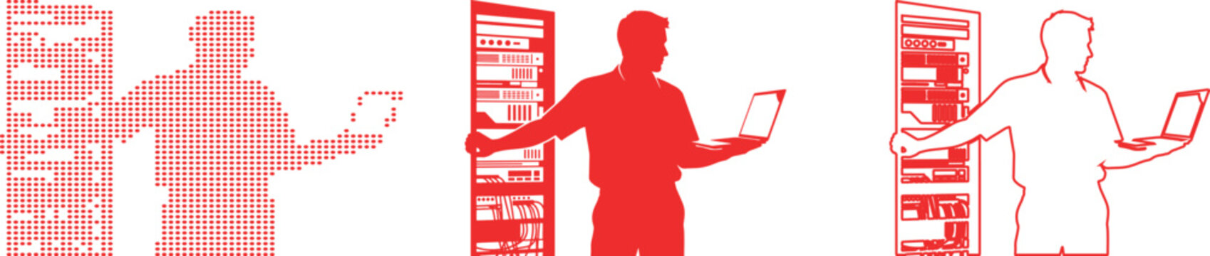 IT technician with laptop and server rack on white background technology computer