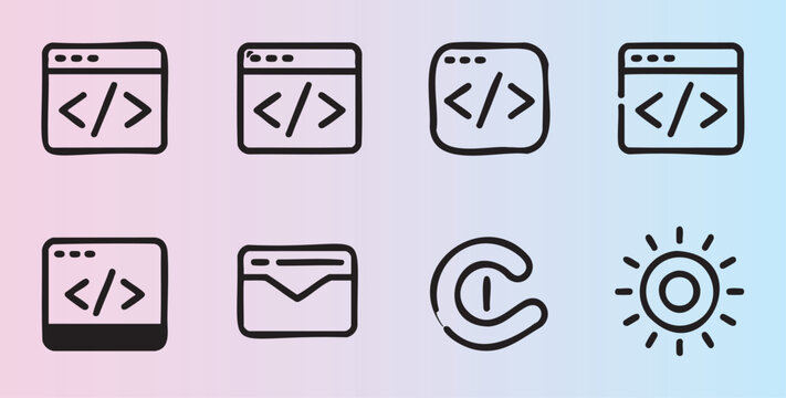 Handdrawn coding and programming icons collection with web browser and email symbols