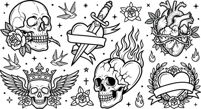 Old school traditional tattoo flash set containing human skulls roses dagger through heart anatomical heart fire swallows and crown vector illustration