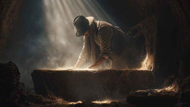 Vintage western miner discovering glowing light inside a dark cave