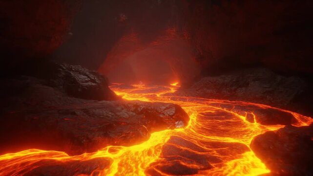 Dramatic Volcanic Cave with Flowing Lava Rivers and Glowing Molten Rock Surfaces, Cinematic Full HD Motion Background