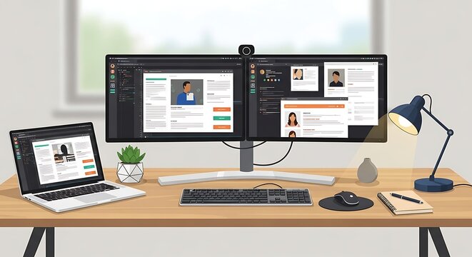 Modern home office setup with multiple devices and plants.