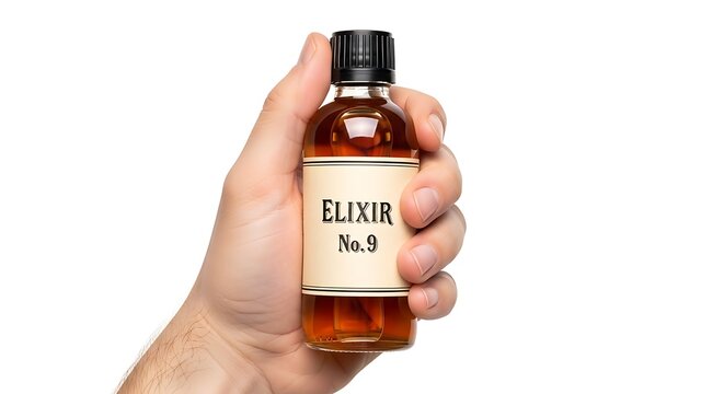 Hand Holding Elixir No. 9 Bottle on White Background