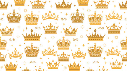 Seamless golden crowns pattern vector with luxury royal tiaras king queen majesty symbols and sparkle elements isolated on white background wrapping paper design © MdMehedi