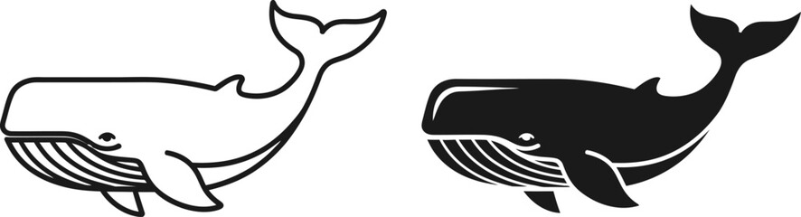 Contrast Whale Silhouettes in Black and White with Simple Outline and Solid Fill for Design © MURAD STOCK