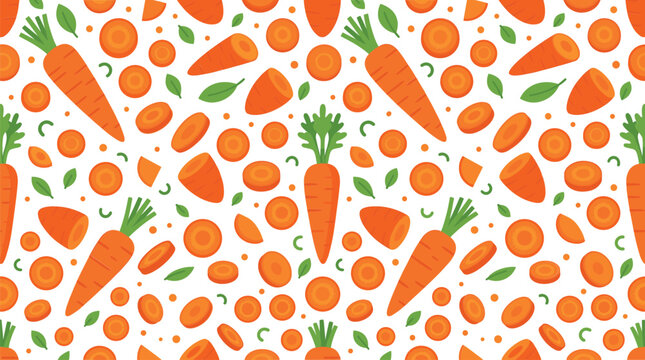 Seamless pattern of fresh orange carrots slices and green leaves on white background for fabric textile print or wrapping paper backdrop