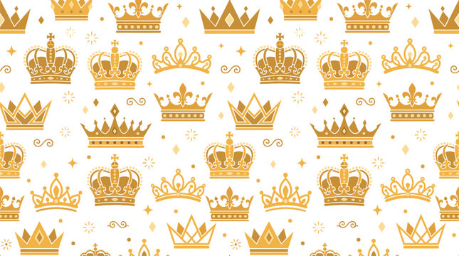 Seamless golden crowns pattern vector with luxury royal tiaras king queen majesty symbols and sparkle elements isolated on white background wrapping paper design